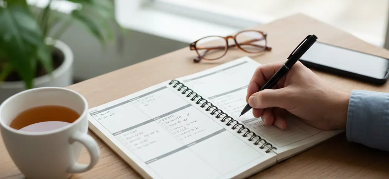 Руки дорослої людини заповнюють щоденник сну та самопочуття на столі