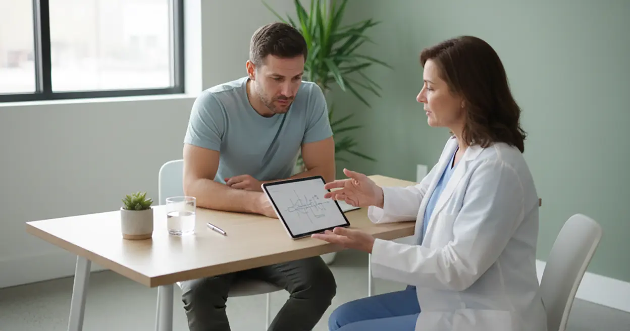 Пацієнт обговорює денну сонливість із лікарем у світлому кабінеті