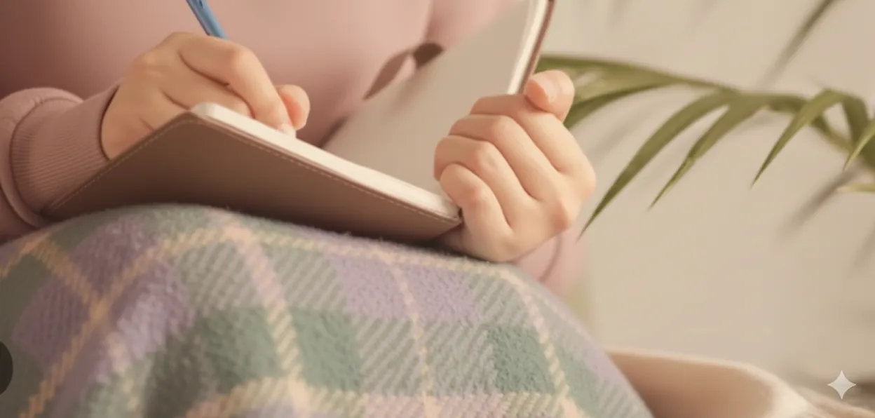 Руки людини, яка ввечері записує думки у щоденник на теплому пледі