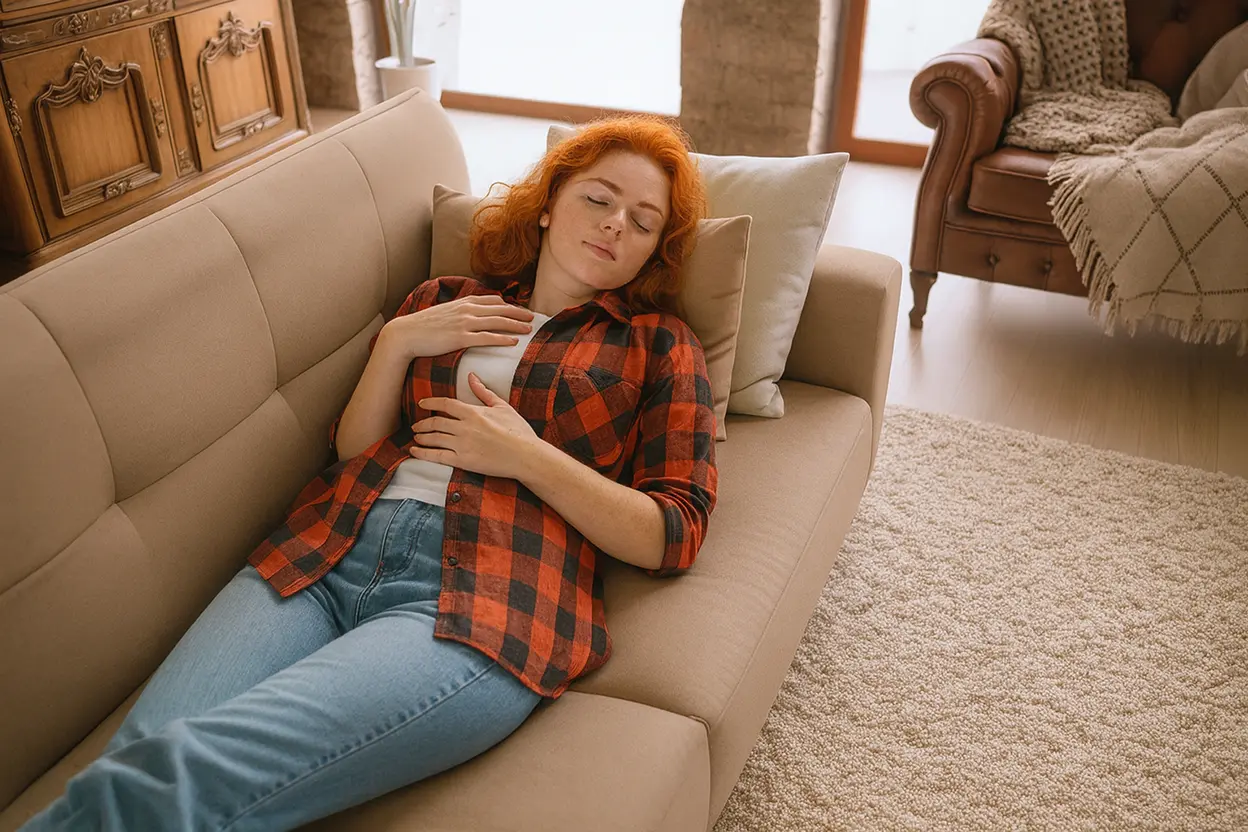 A person lying in bed with hands on the chest and abdomen, practicing grounding before sleep