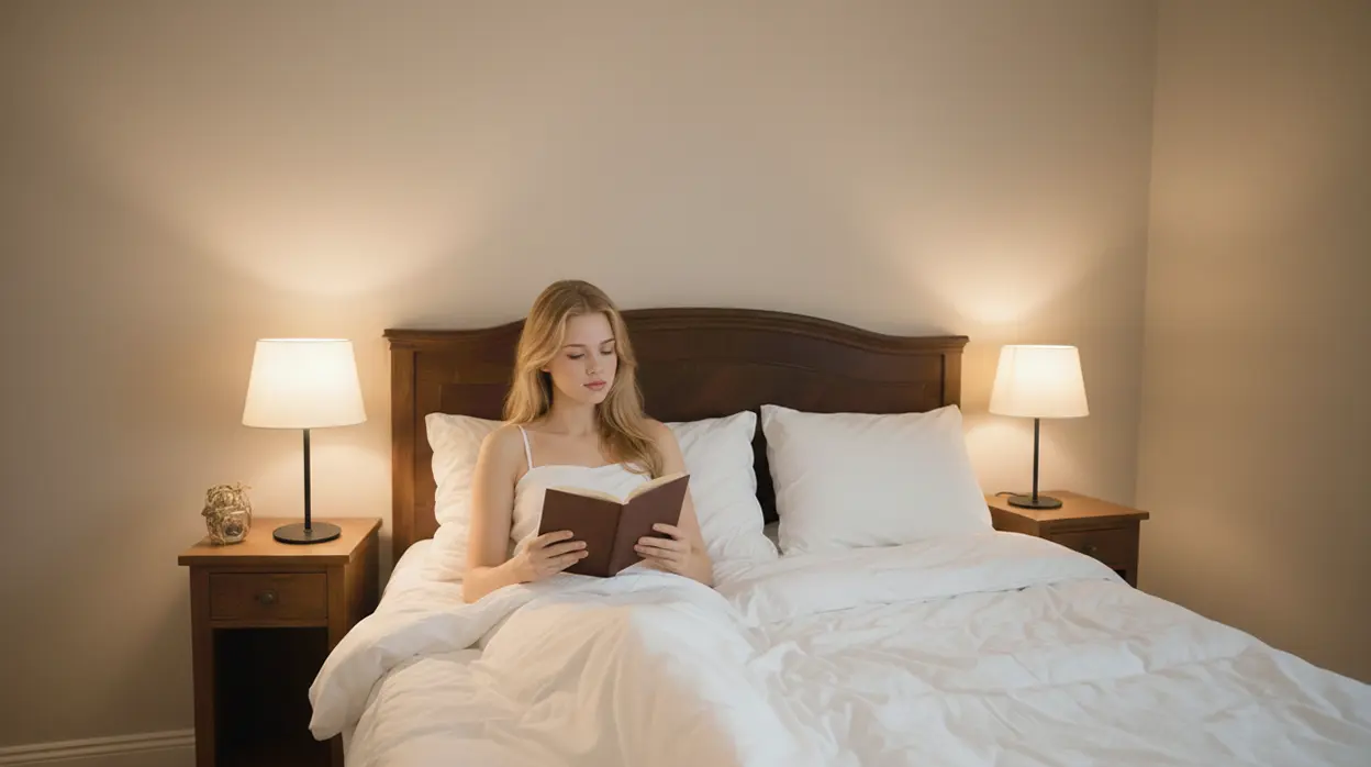 Людина ввечері відпочиває при теплому м’якому світлі лампи без екранів перед сном