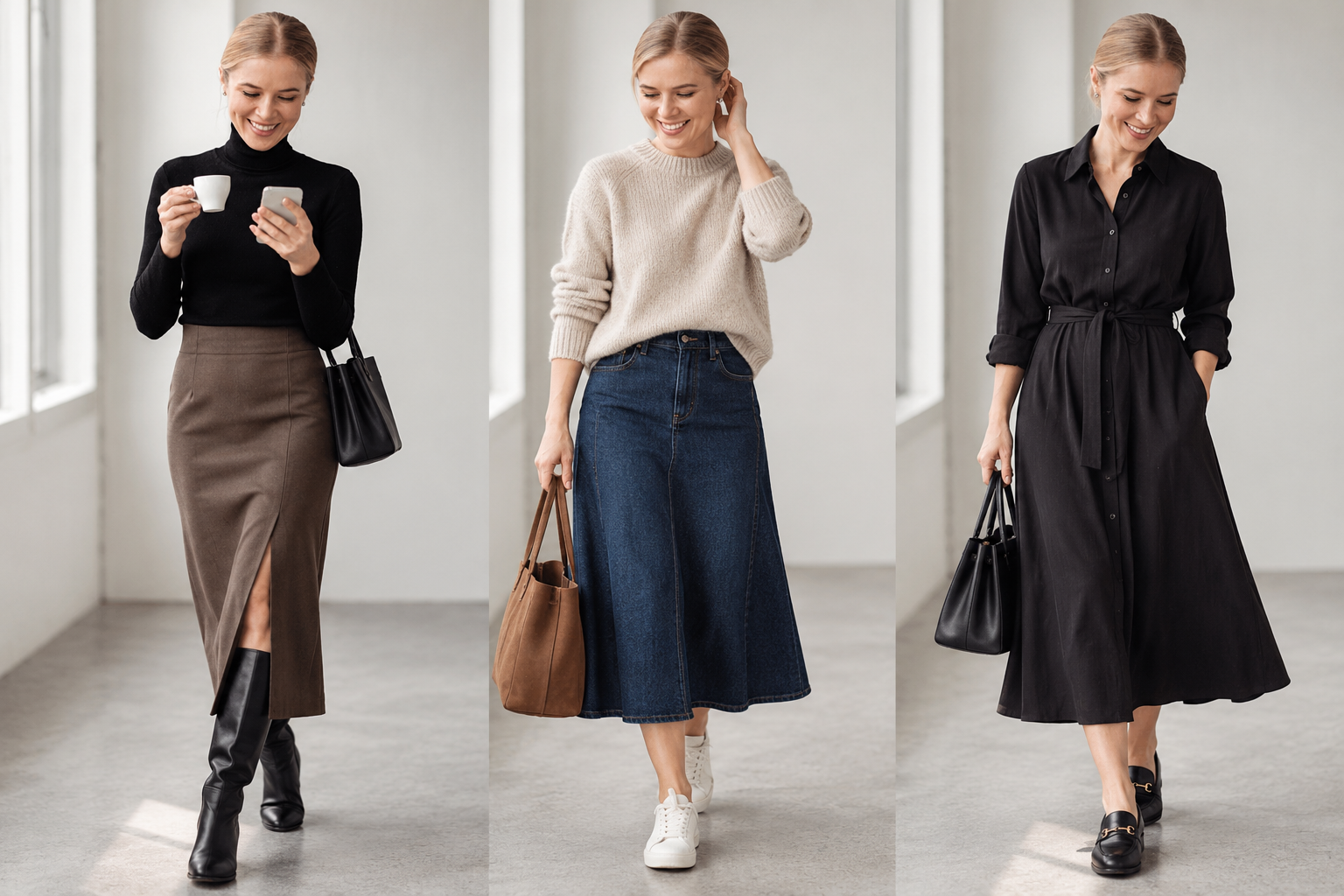 A woman in three basic wardrobe looks: a straight midi skirt with a slit, a denim A-line skirt, and a black shirt dress.