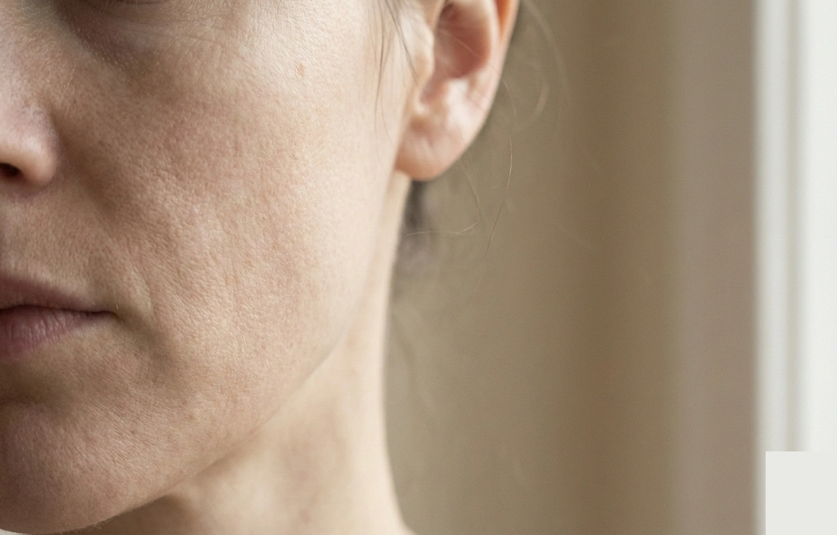 Крупний план шкіри обличчя з ознаками мікрорельєфу та легкої реактивності, характерної для інфламейджингу