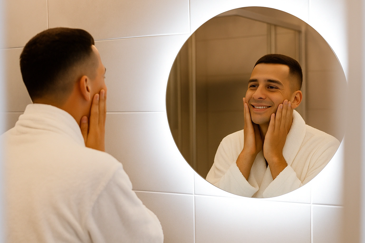Чоловік дивиться у дзеркало з легкою посмішкою, торкаючись обличчя — момент самоприсутності та спокою