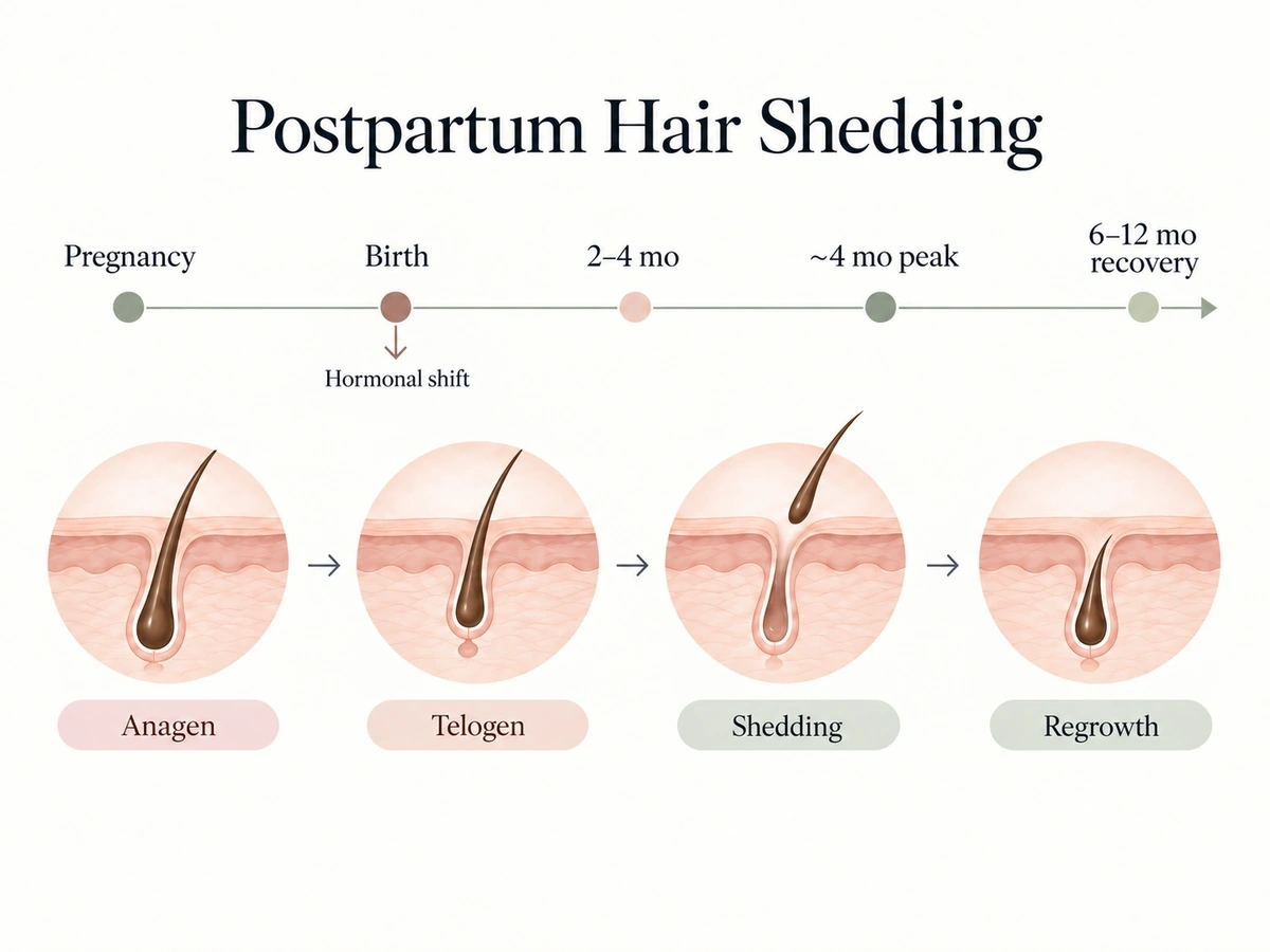 Postpartum hair shedding diagram: pregnancy, hormonal changes after birth, telogen shedding after 2–4 months, and gradual recovery of hair density.