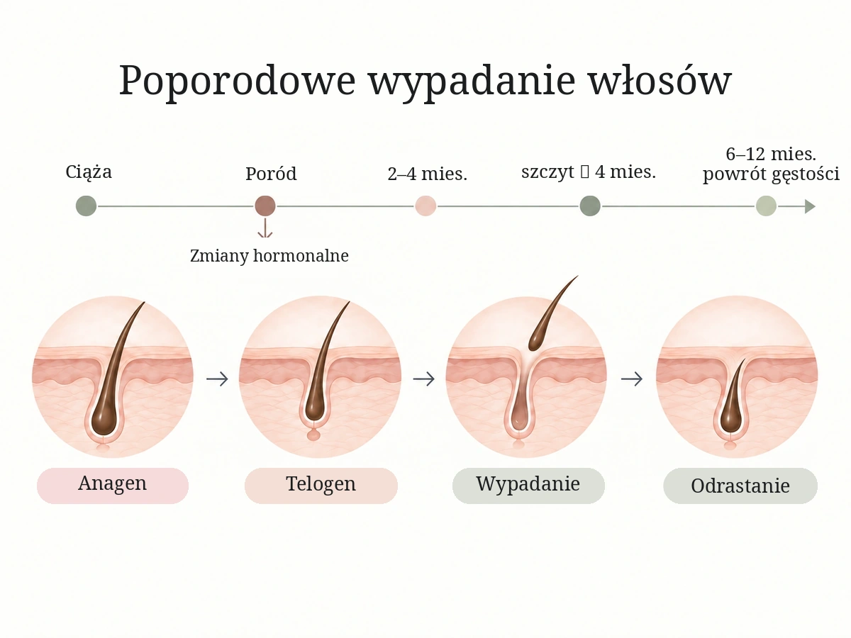 Schemat poporodowego wypadania włosów: ciąża, zmiany hormonalne po porodzie, wypadanie telogenowe po 2–4 miesiącach i stopniowy powrót gęstości włosów.