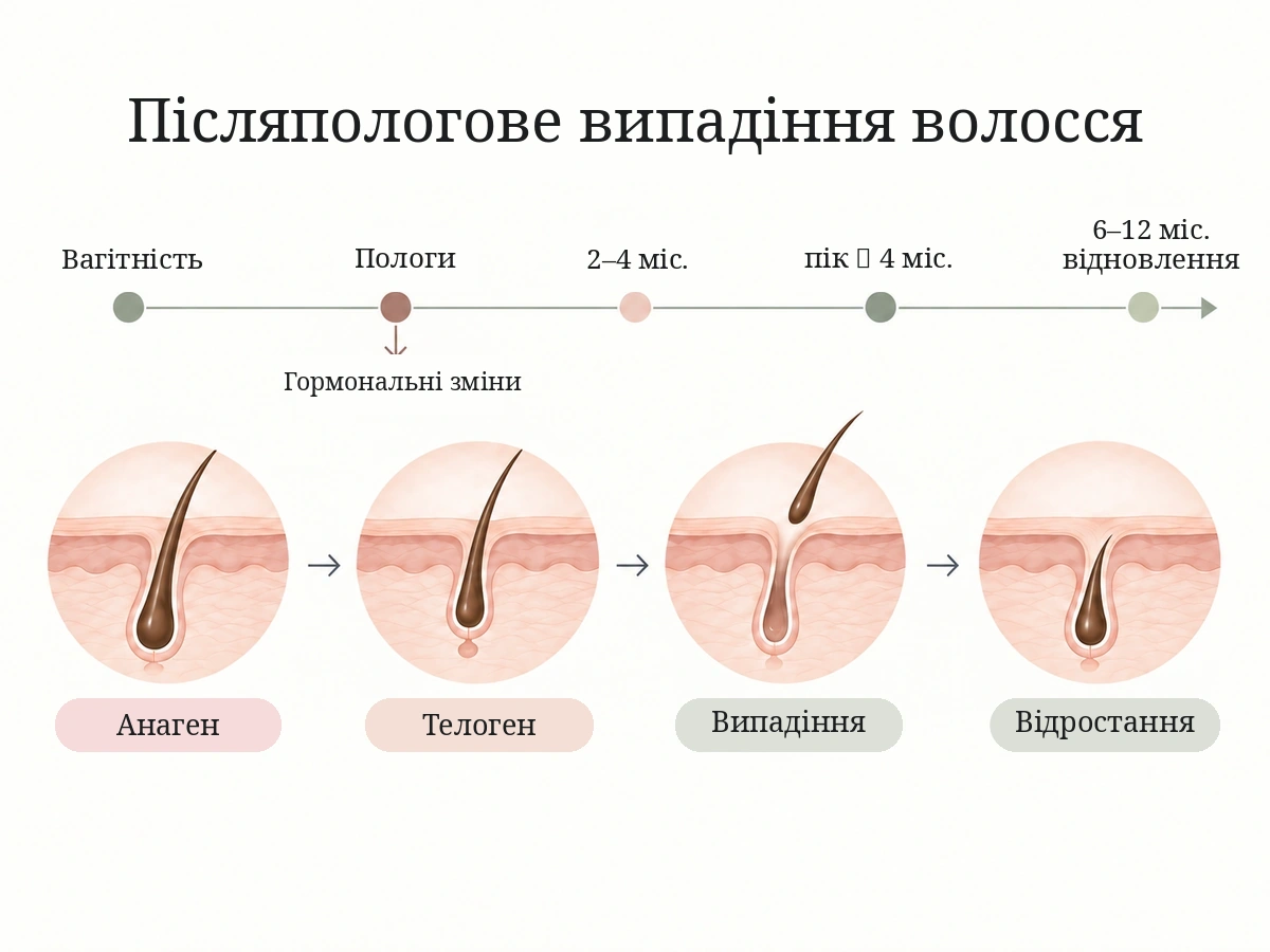 Схема післяпологового випадіння волосся: вагітність, гормональні зміни після пологів, телогенове випадіння через 2–4 місяці та поступове відновлення густоти волосся.