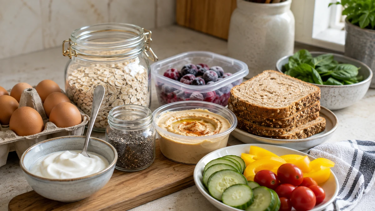 Osnovne namirnice za brzi doručak: jaja, jogurt, zobene pahuljice, bobičasto voće, humus, integralni kruh i povrće.