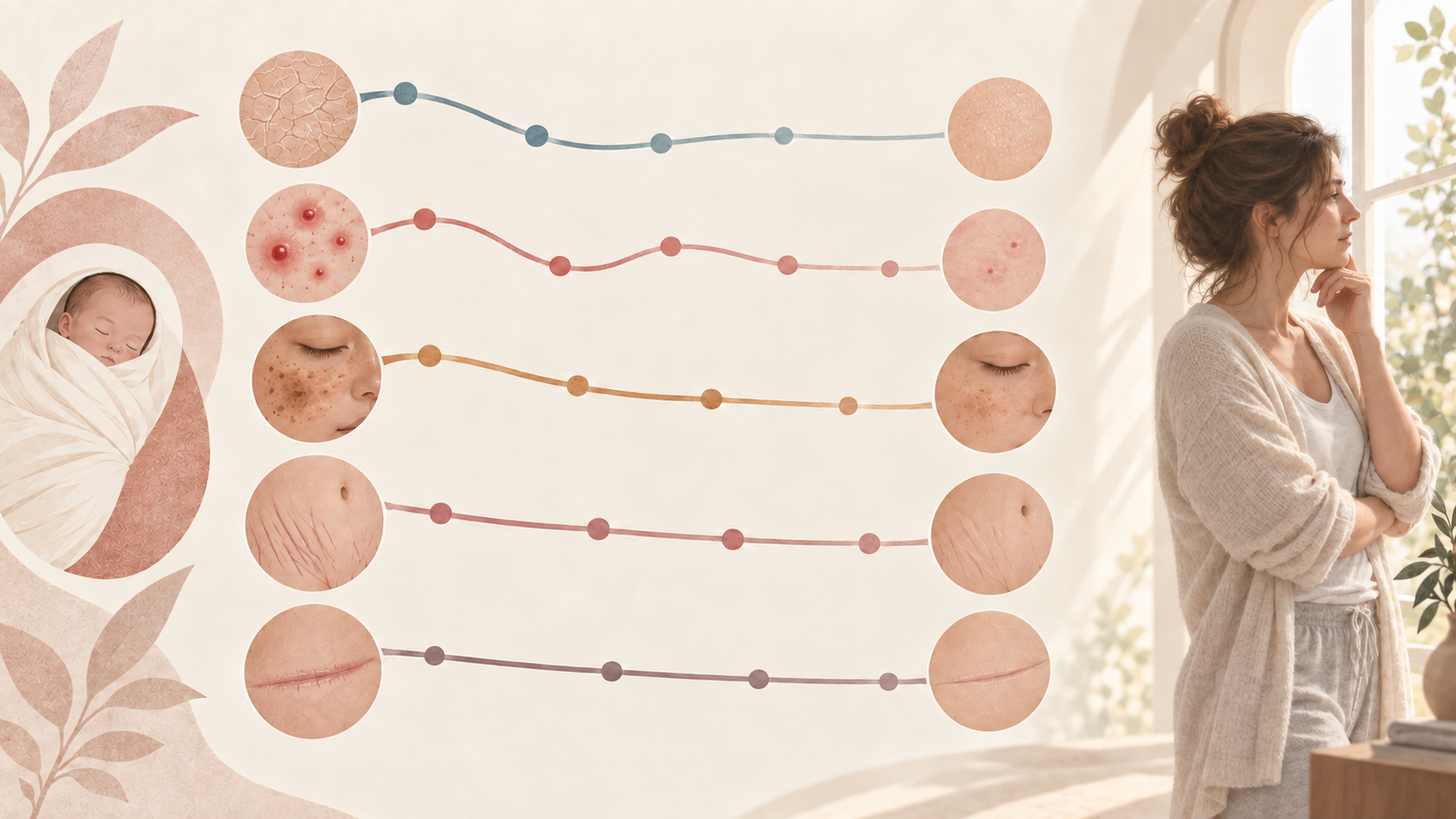 Diagram of postpartum skin changes: dryness, breakouts, pigmentation, stretch marks, and a scar with different recovery pathways.