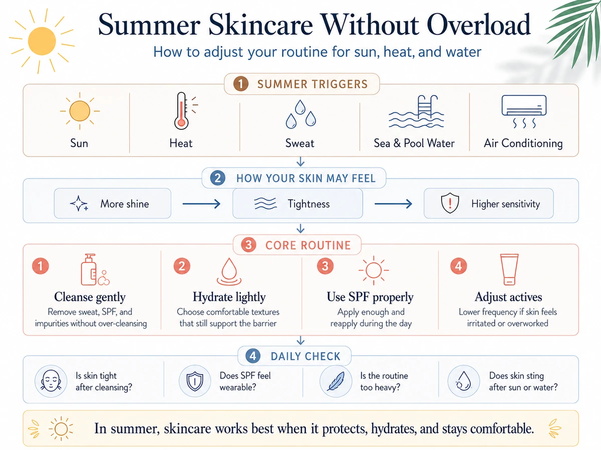 A summer skincare routine without overload: sun, heat, water, SPF, cleansing and hydration
