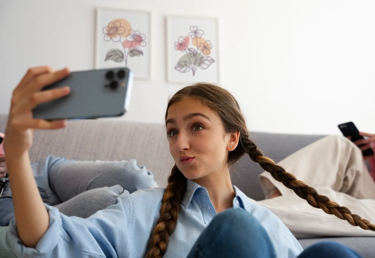 A girl looks at herself in the front camera. Teen self-esteem and social media.