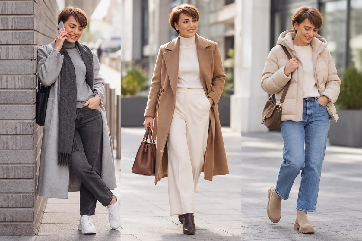 Three everyday women’s outfits with outerwear and shoes: a gray coat with sneakers, a beige coat with boots, and a down jacket with jeans.