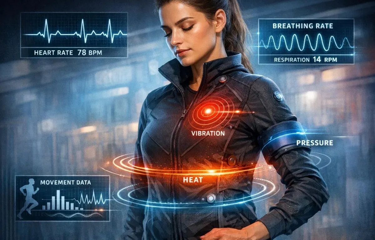Woman in sensory clothing displaying data on heart rate, respiration, pressure, and movement