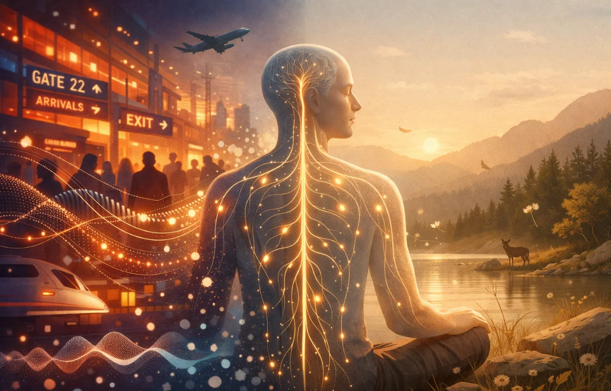 A traveler between city noise and calm space, the body gently regulating sensory overload and returning to balance