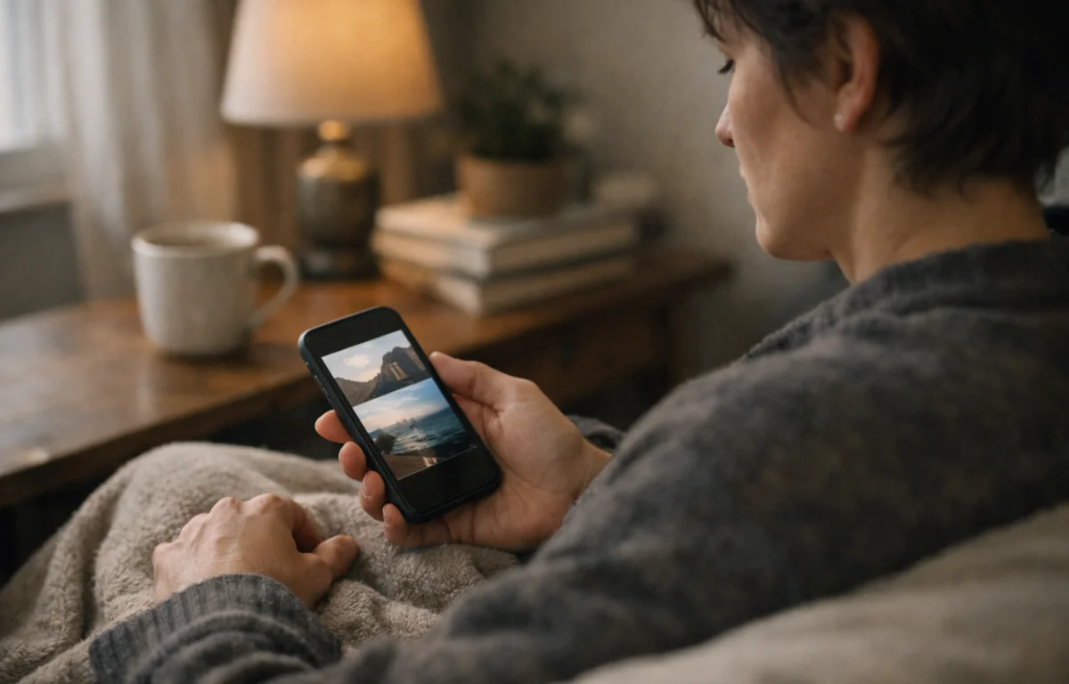 Kod kuće nakon putovanja, osoba tiho gleda fotografije s puta dok se dojmovi smiruju