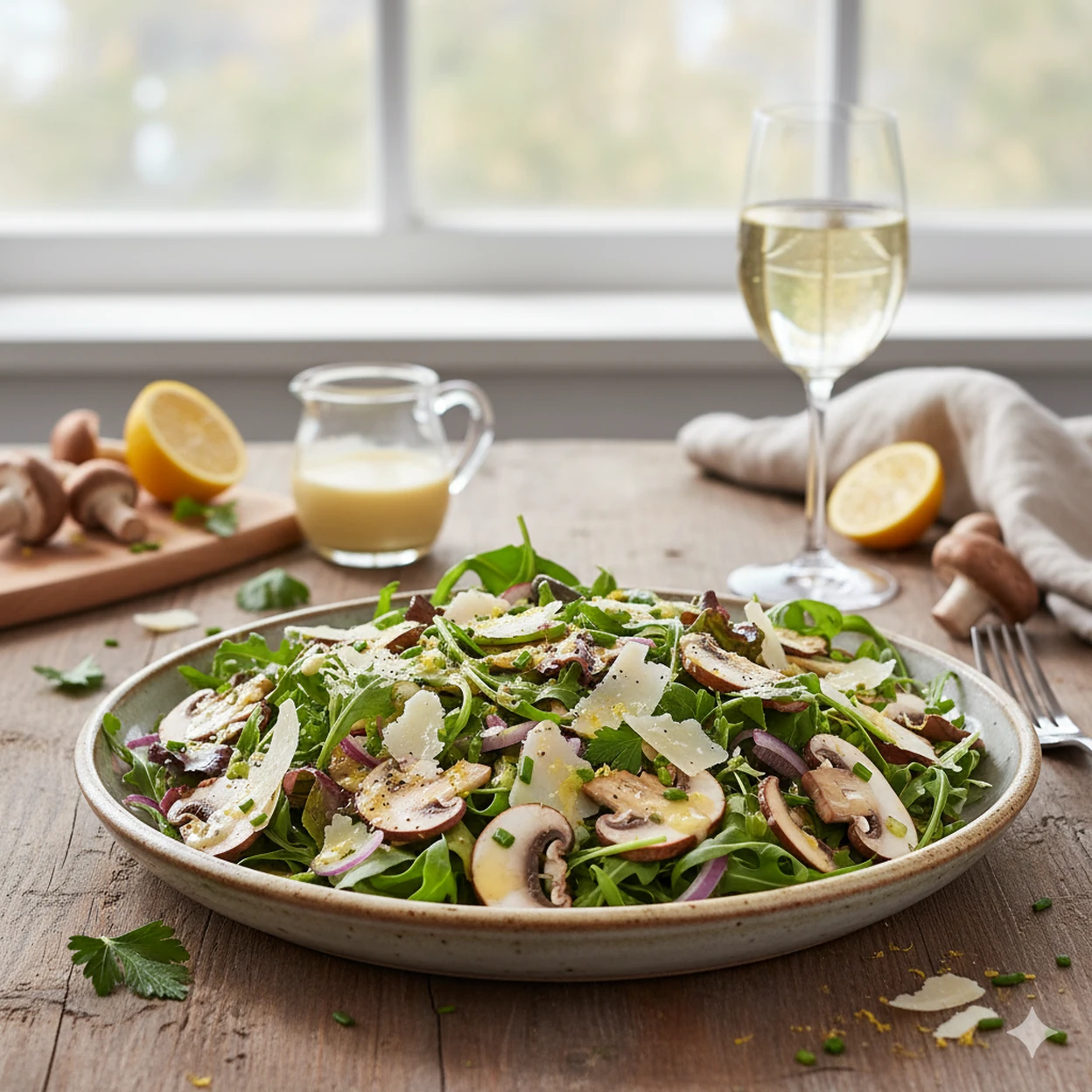 Свіжий салат із грибами з лимонно-пармезановою заправкою